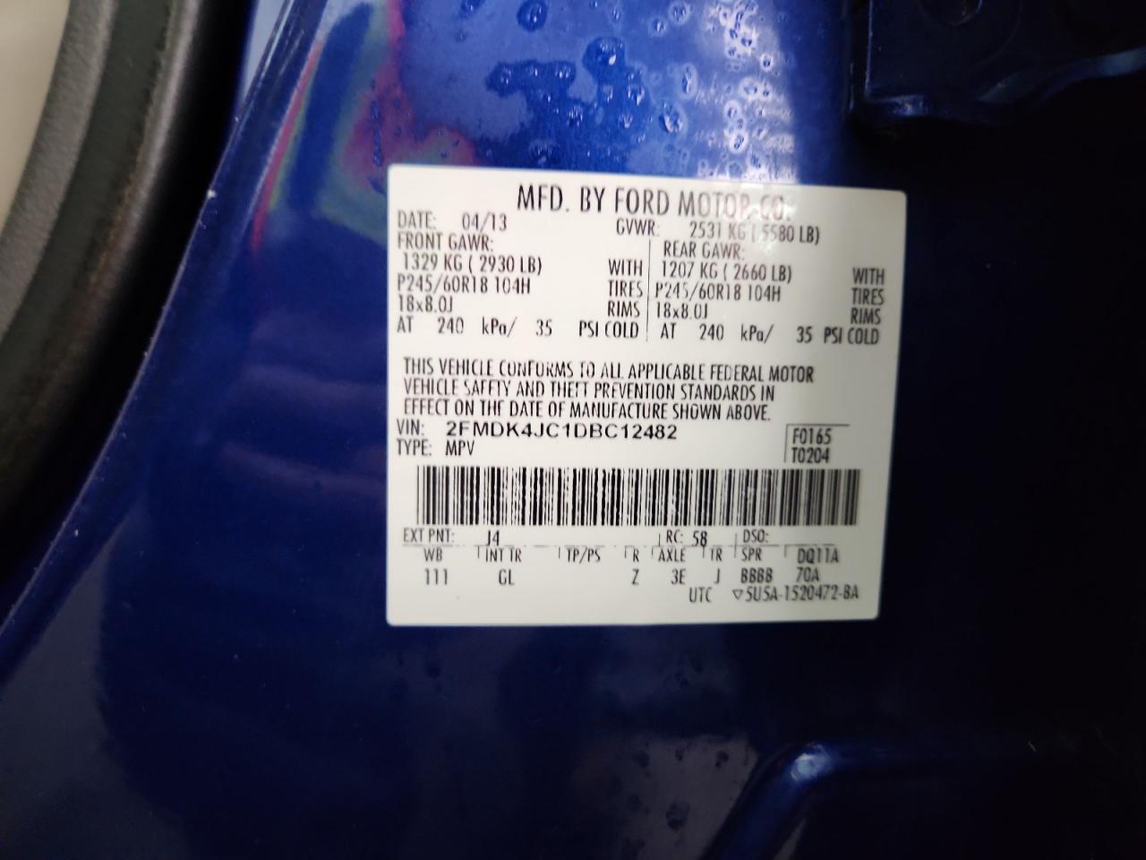 2013 Ford Edge Sel VIN: 2FMDK4JC1DBC12482 Lot: 81635235