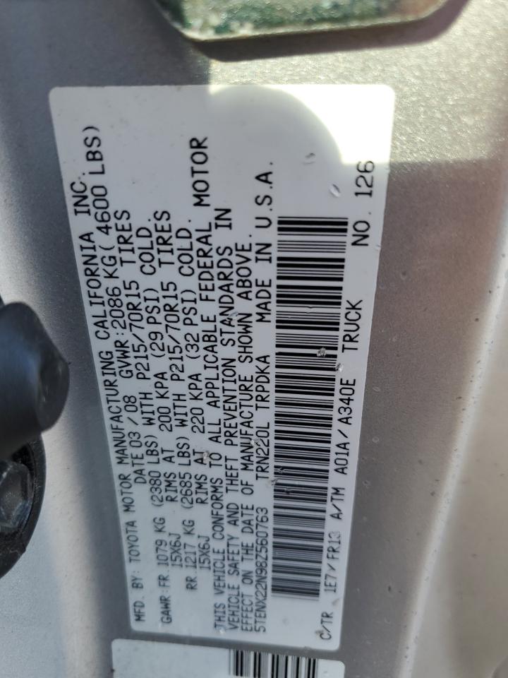 2008 Toyota Tacoma VIN: 5TENX22N98Z560763 Lot: 84177245