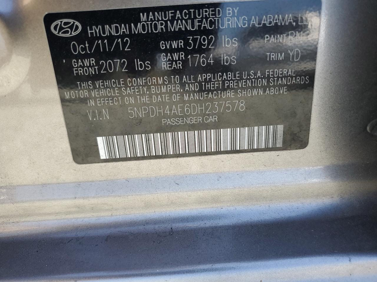 2013 Hyundai Elantra Gls VIN: 5NPDH4AE6DH237578 Lot: 81322435