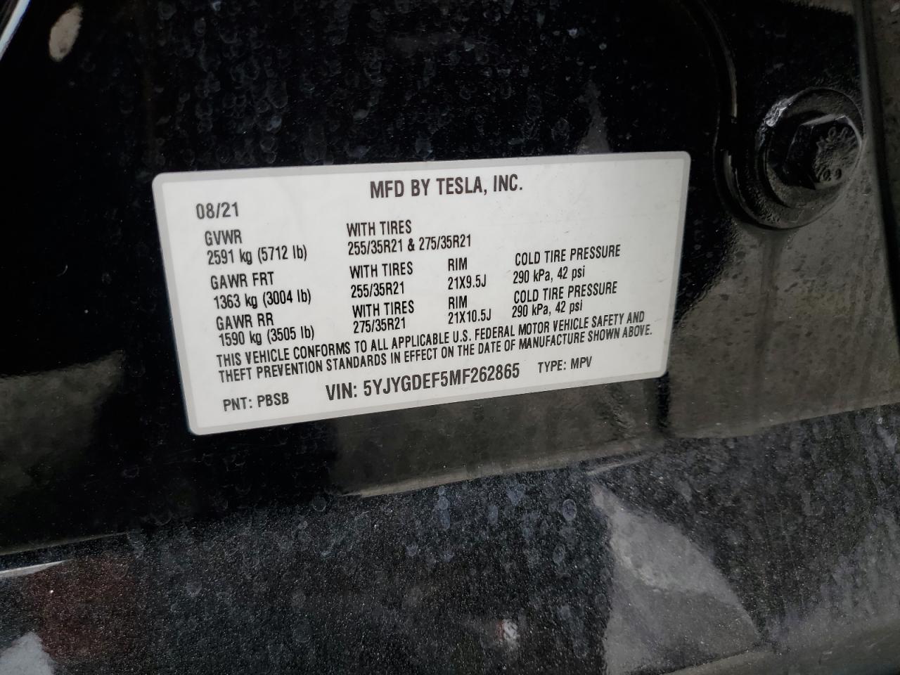 2021 Tesla Model Y VIN: 5YJYGDEF5MF262865 Lot: 81468985