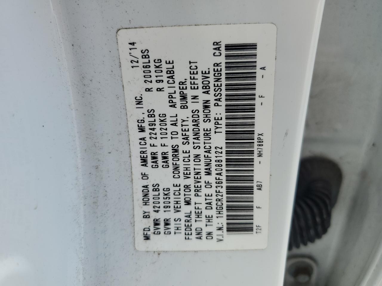 2015 Honda Accord Lx VIN: 1HGCR2F36FA088122 Lot: 81104795