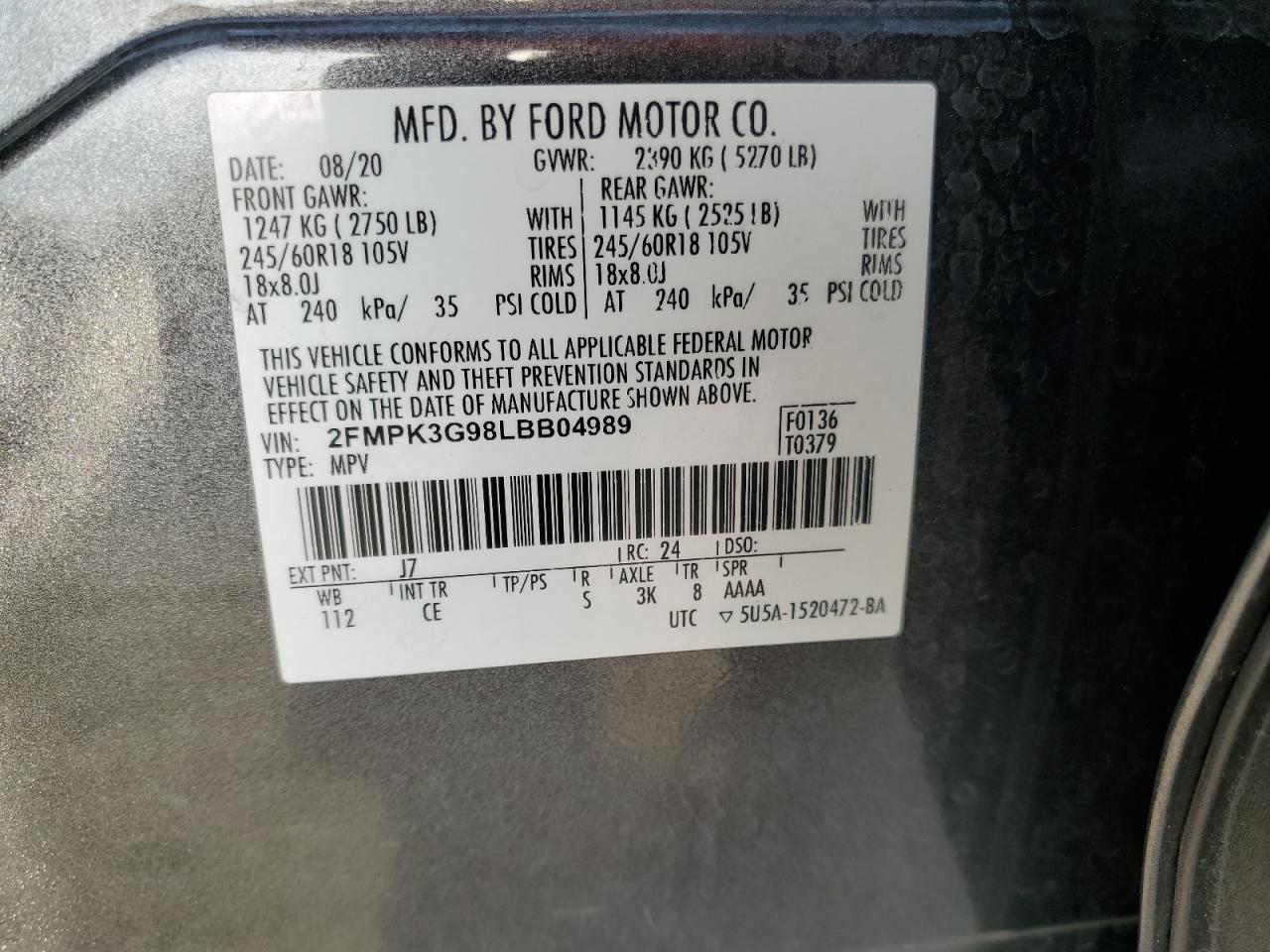 2020 Ford Edge Se VIN: 2FMPK3G98LBB04989 Lot: 80386115