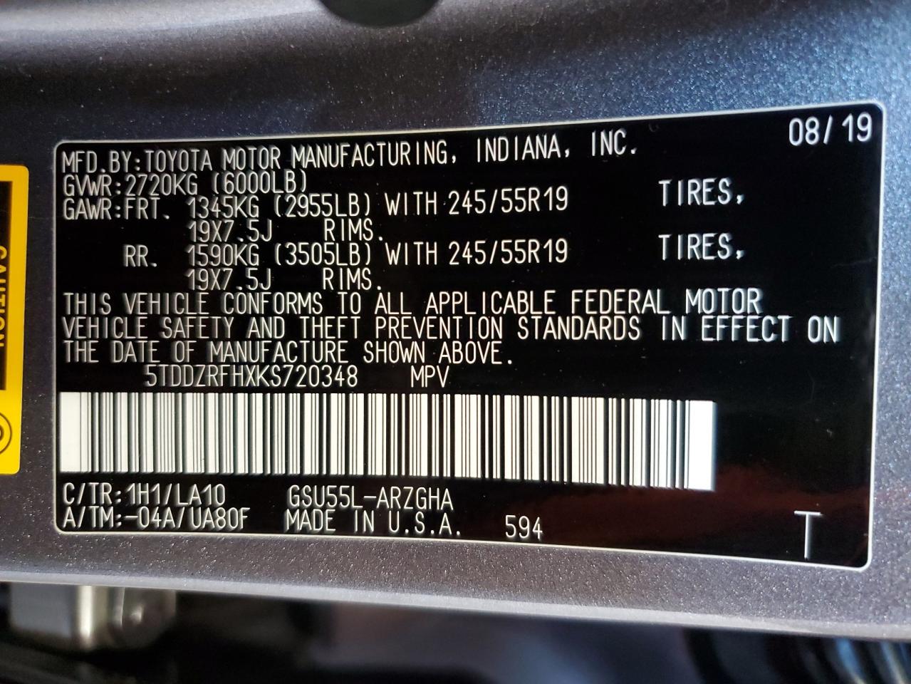 2019 Toyota Highlander Limited VIN: 5TDDZRFHXKS720348 Lot: 71275095