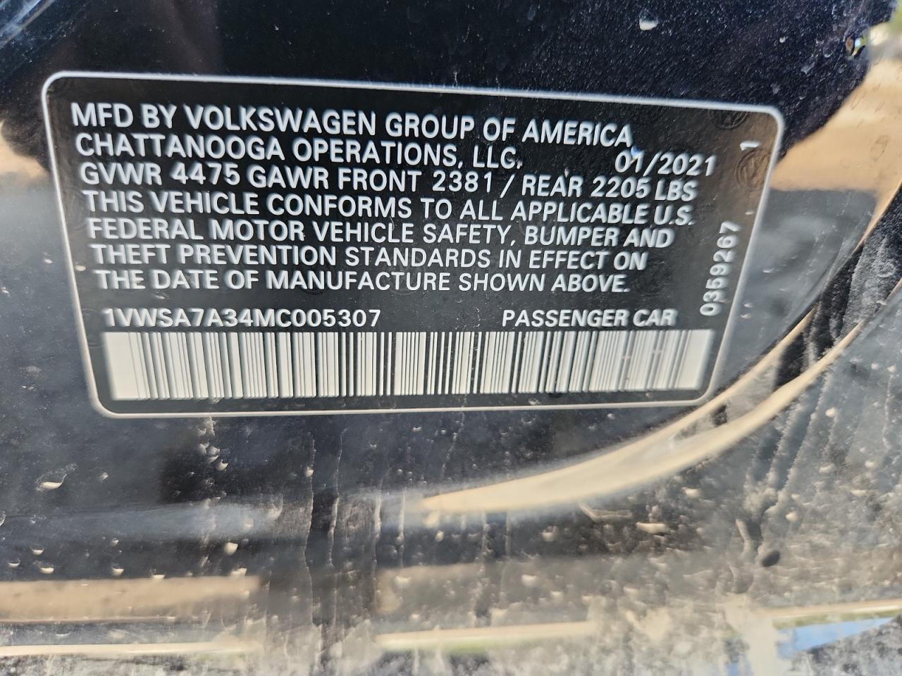 2021 Volkswagen Passat Se VIN: 1VWSA7A34MC005307 Lot: 71086625