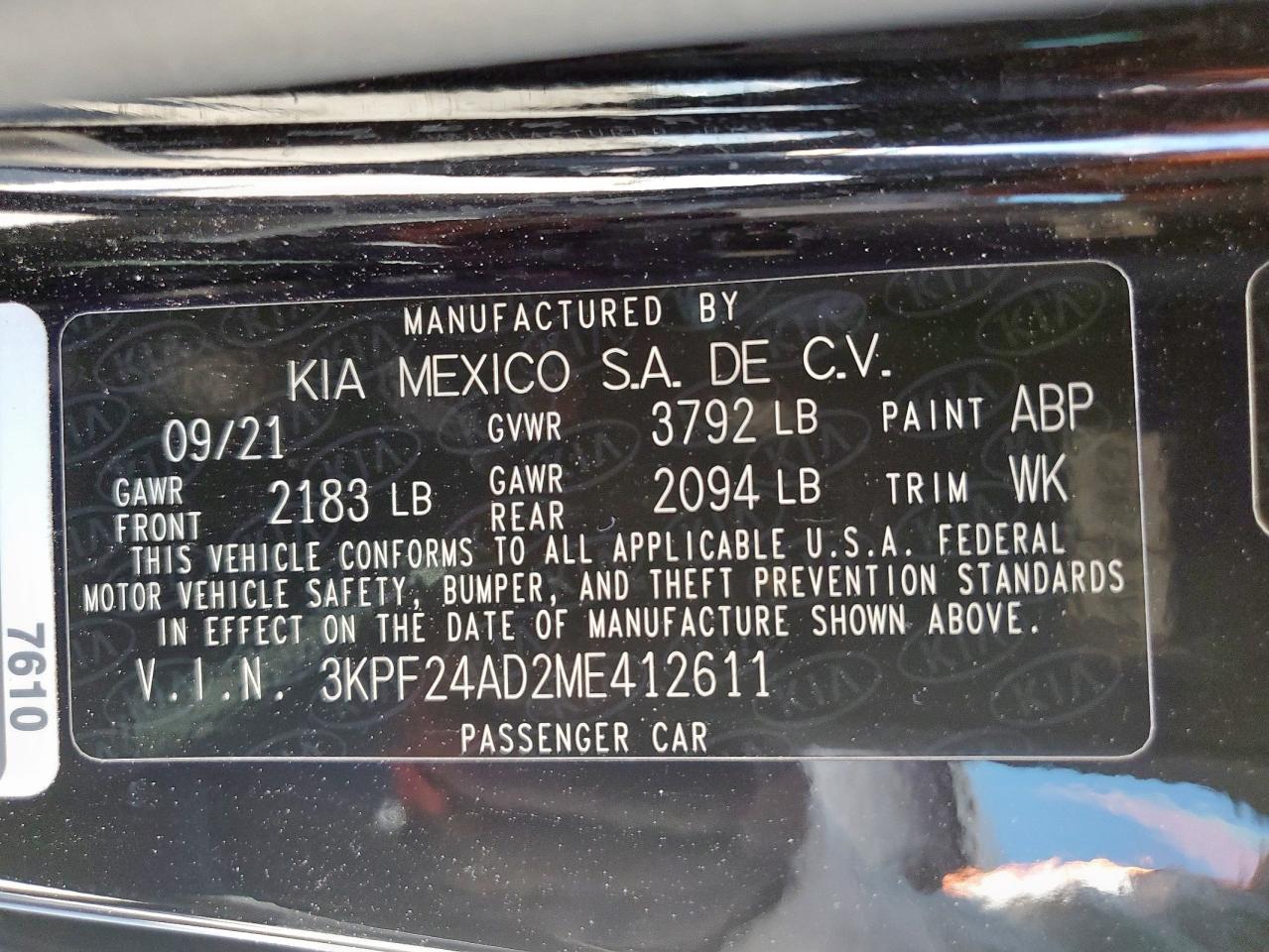 2021 Kia Forte Fe VIN: 3KPF24AD2ME412611 Lot: 84292855