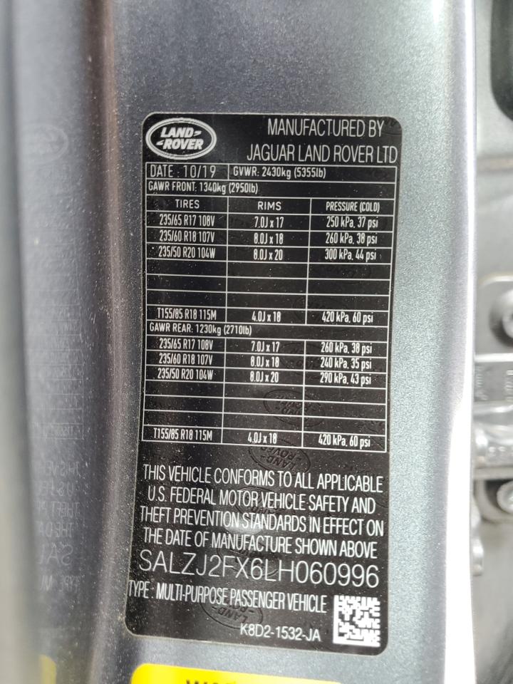 2020 Land Rover Range Rover Evoque S VIN: SALZJ2FX6LH060996 Lot: 81341635