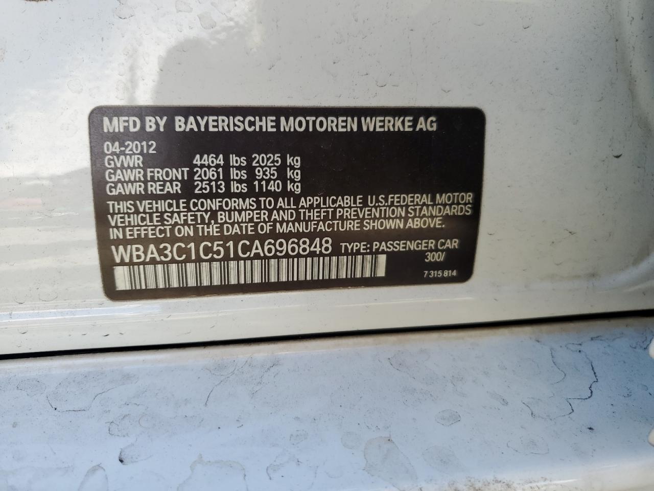 2012 BMW 328 I Sulev VIN: WBA3C1C51CA696848 Lot: 71886015
