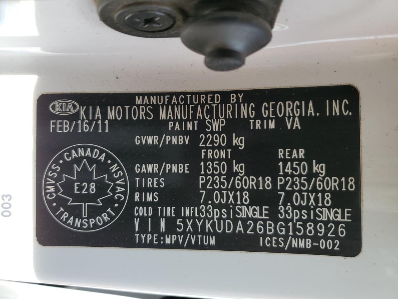 2011 Kia Sorento Ex VIN: 5XYKUDA26BG158926 Lot: 82084055