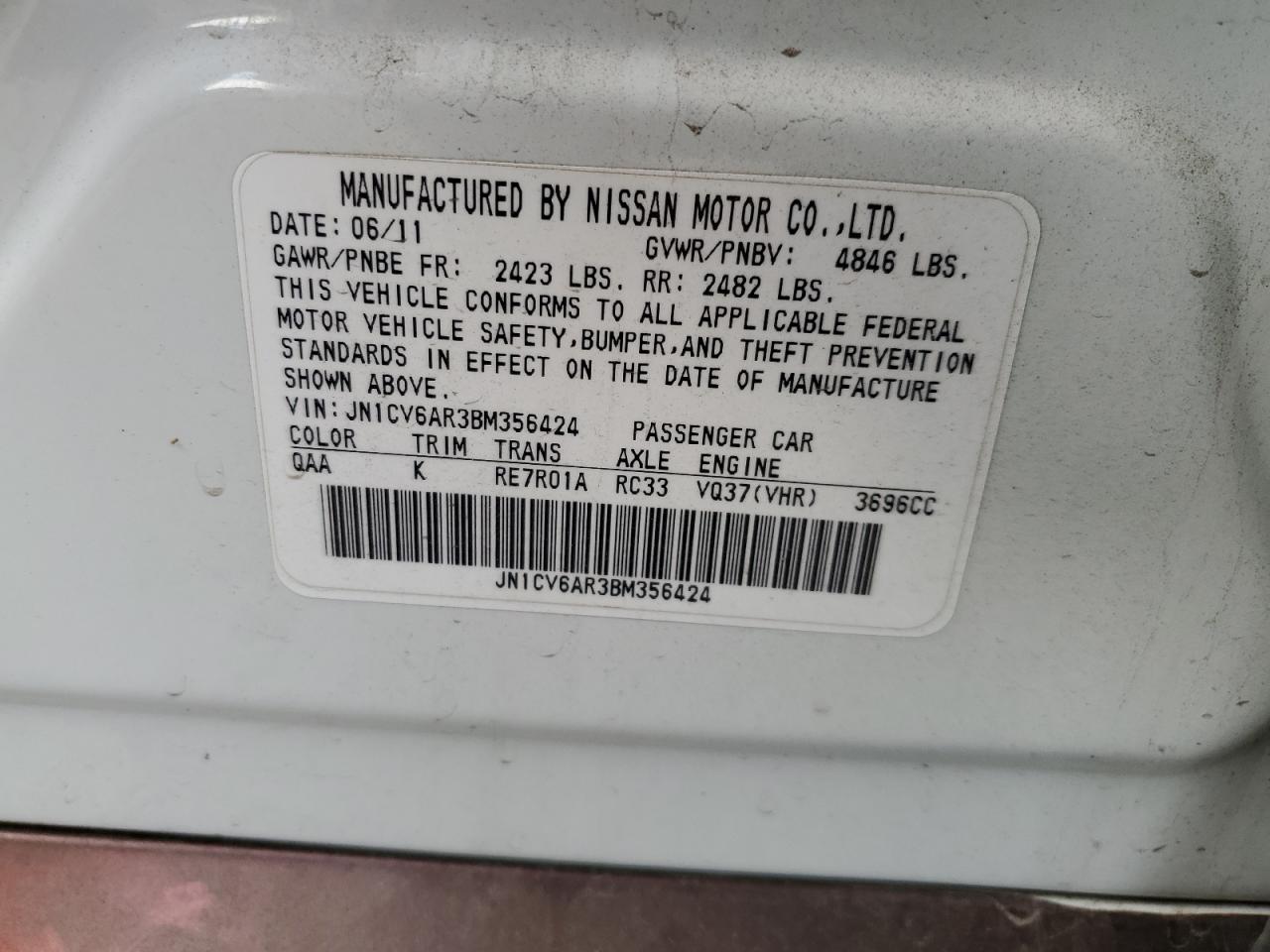 2011 Infiniti G37 VIN: JN1CV6AR3BM356424 Lot: 80010485