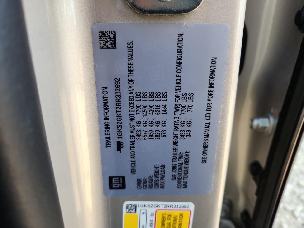 2024 GMC Yukon Xl K1500 Slt VIN: 1GKS2GKT2RR312692 Lot: 80795335