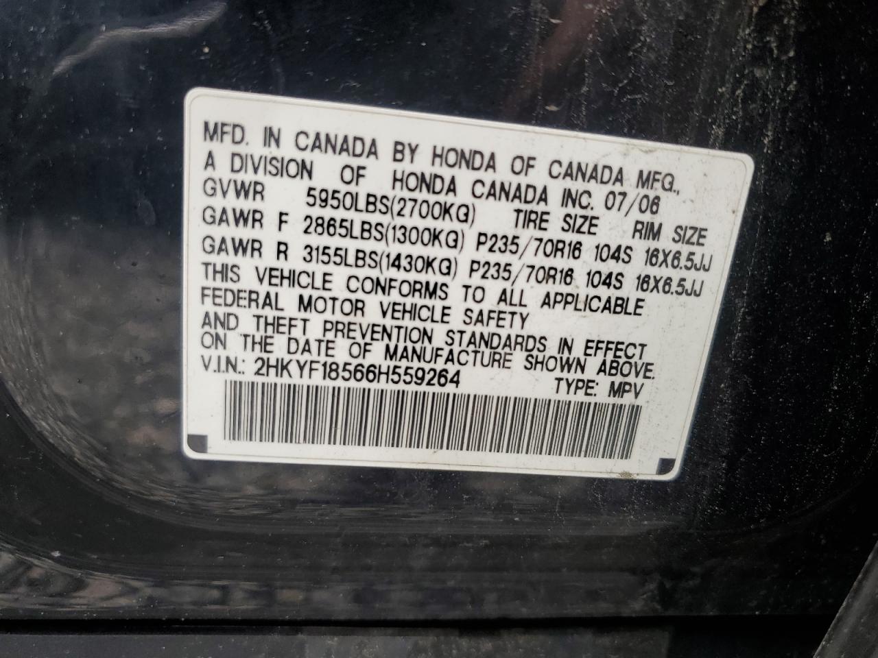 2006 Honda Pilot Ex VIN: 2HKYF18566H559264 Lot: 84052465