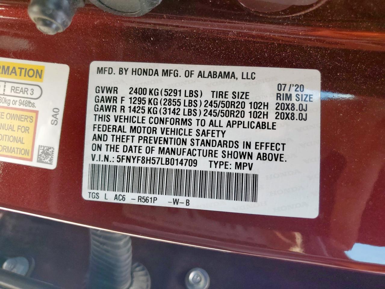 2020 Honda Passport Exl VIN: 5FNYF8H57LB014709 Lot: 71562815