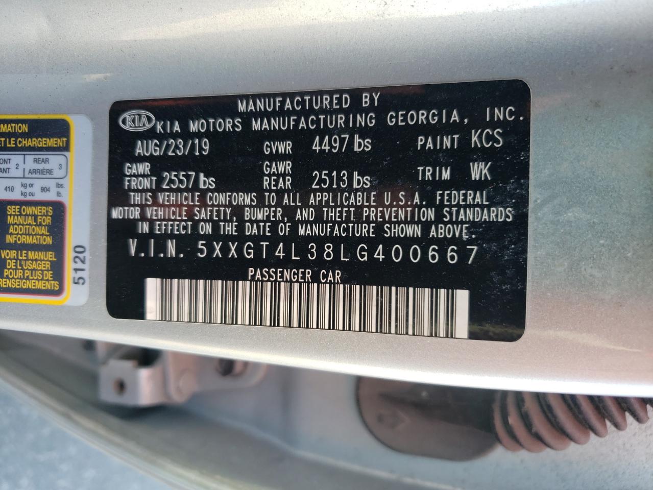 2020 Kia Optima Lx VIN: 5XXGT4L38LG400667 Lot: 84261205