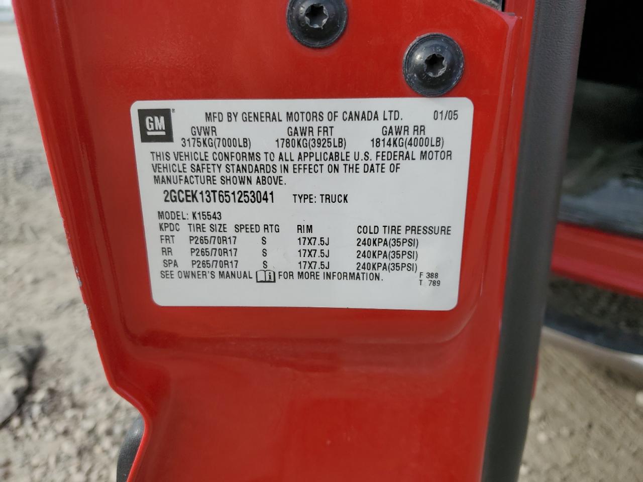 2005 Chevrolet Silverado K1500 VIN: 2GCEK13T651253041 Lot: 81526045