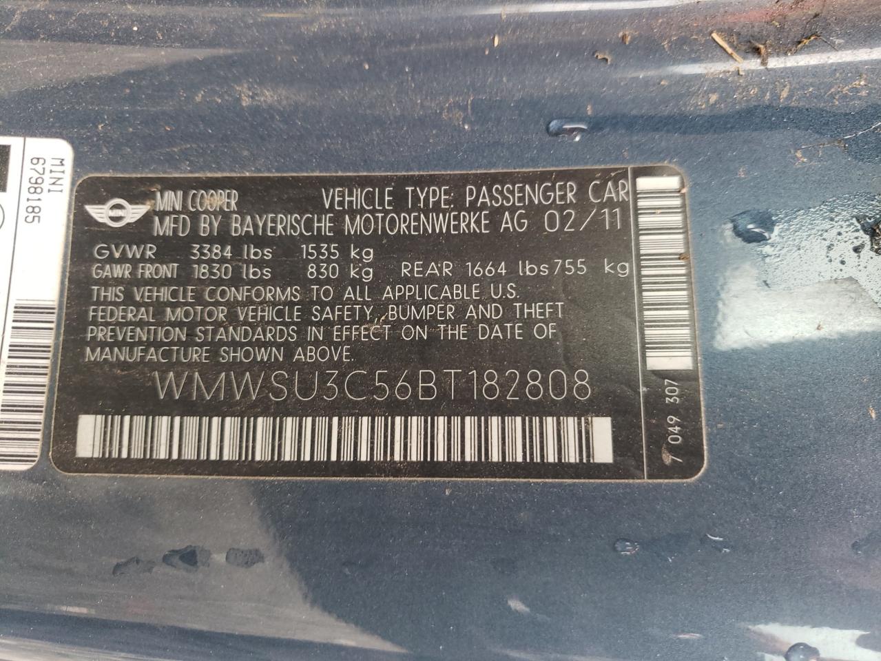 2011 Mini Cooper VIN: WMWSU3C56BT182808 Lot: 81866895