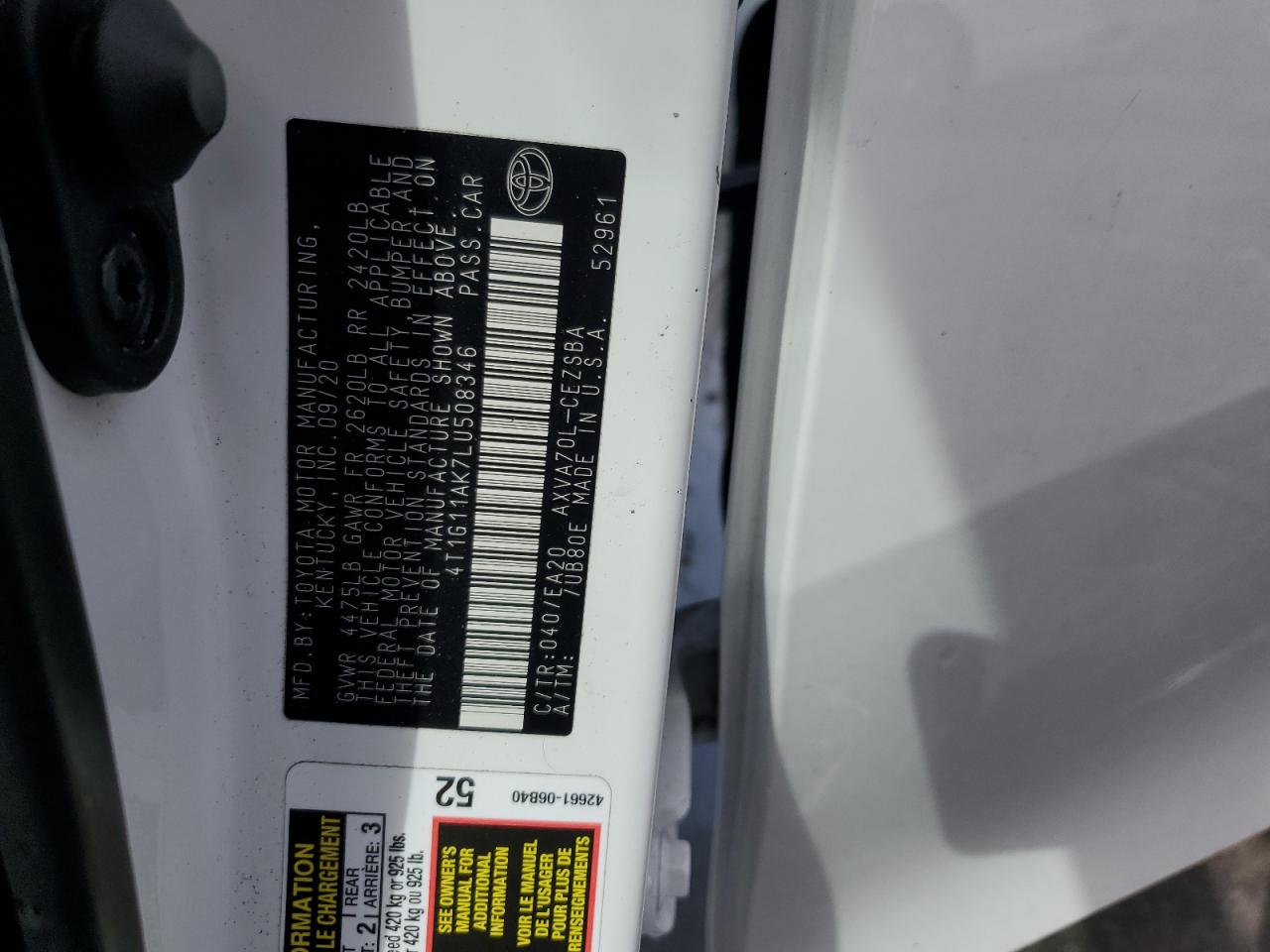 2020 Toyota Camry Se VIN: 4T1G11AK7LU508346 Lot: 80184815