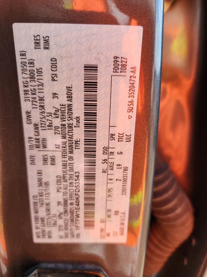 2019 Ford F150 Supercrew VIN: 1FTFW1E40KFD53543 Lot: 80527525