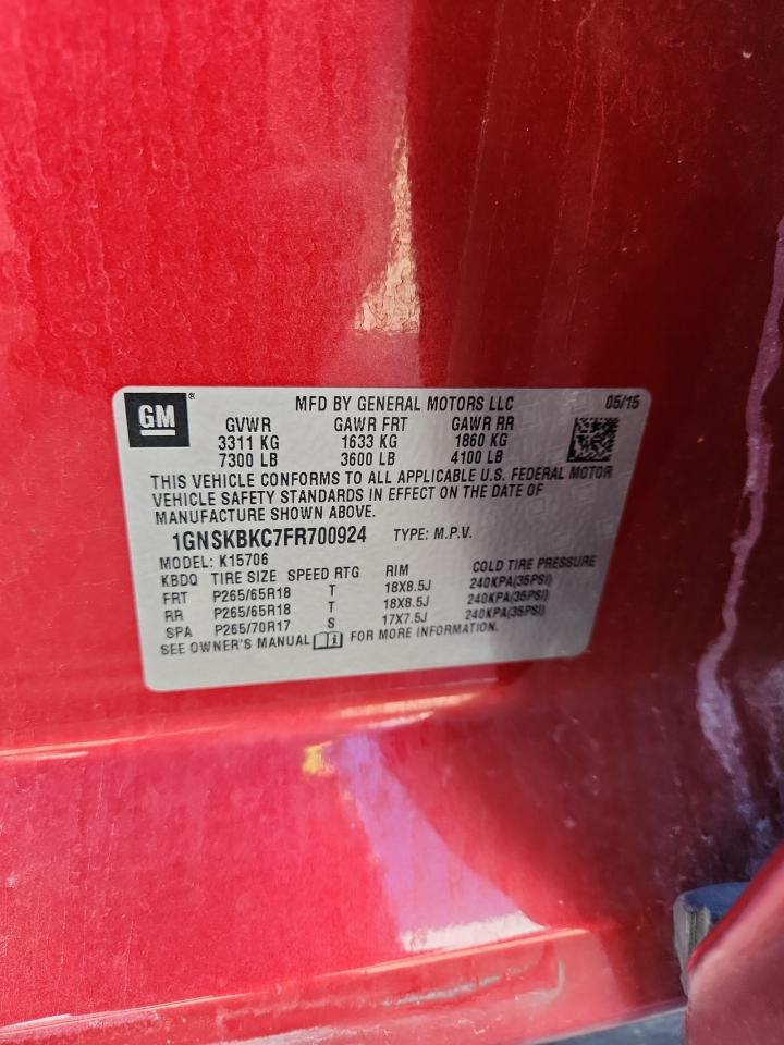 2015 Chevrolet Tahoe K1500 Lt VIN: 1GNSKBKC7FR700924 Lot: 80325735