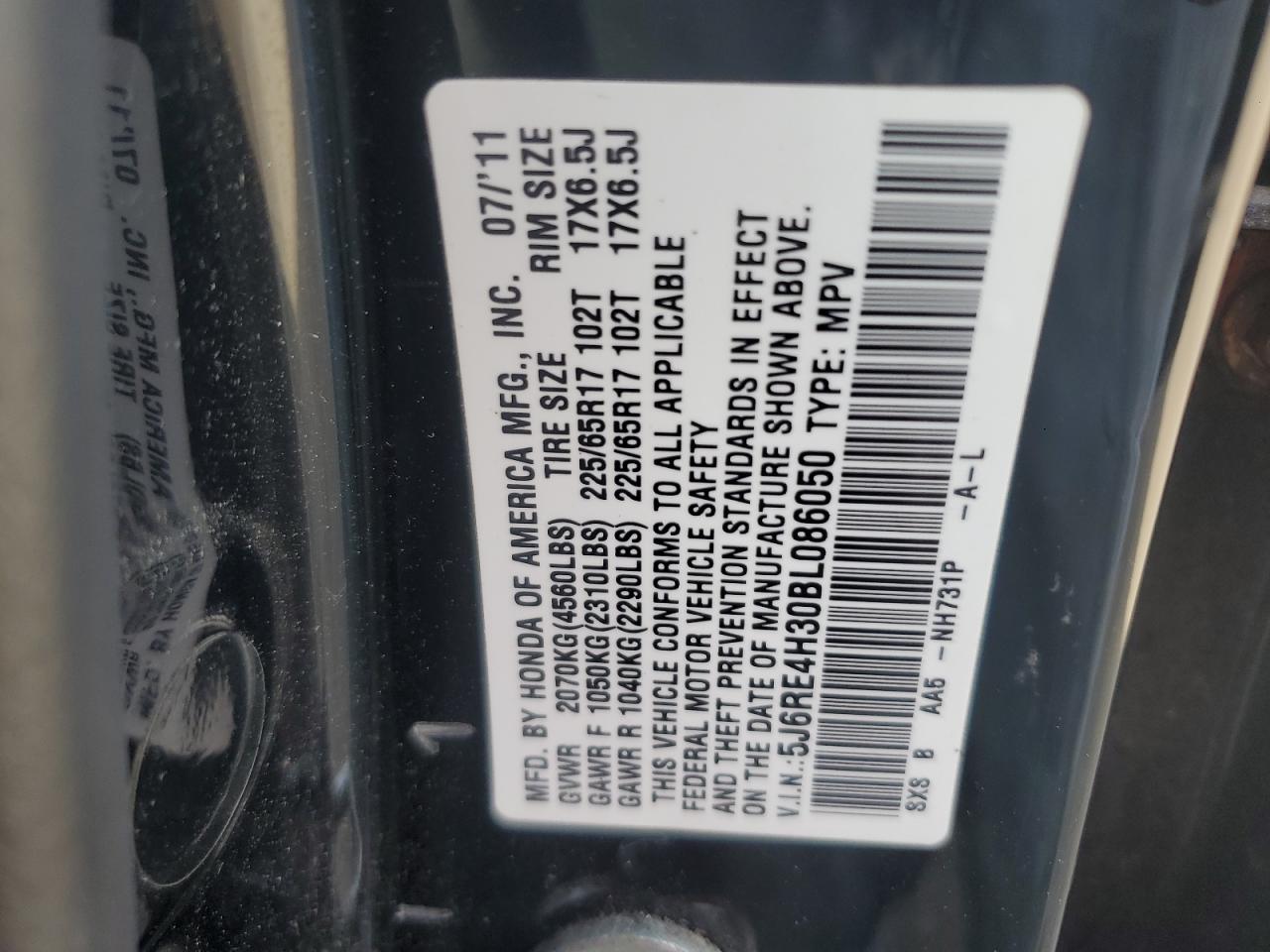 2011 Honda Cr-V Lx VIN: 5J6RE4H30BL086050 Lot: 84462235