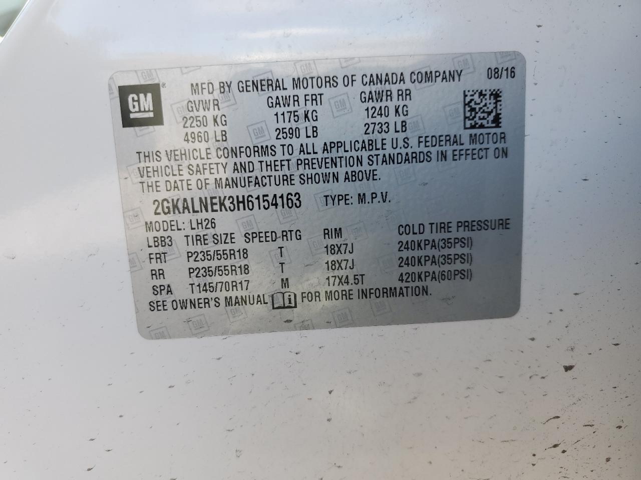 2017 GMC Terrain Sle VIN: 2GKALNEK3H6154163 Lot: 70351585