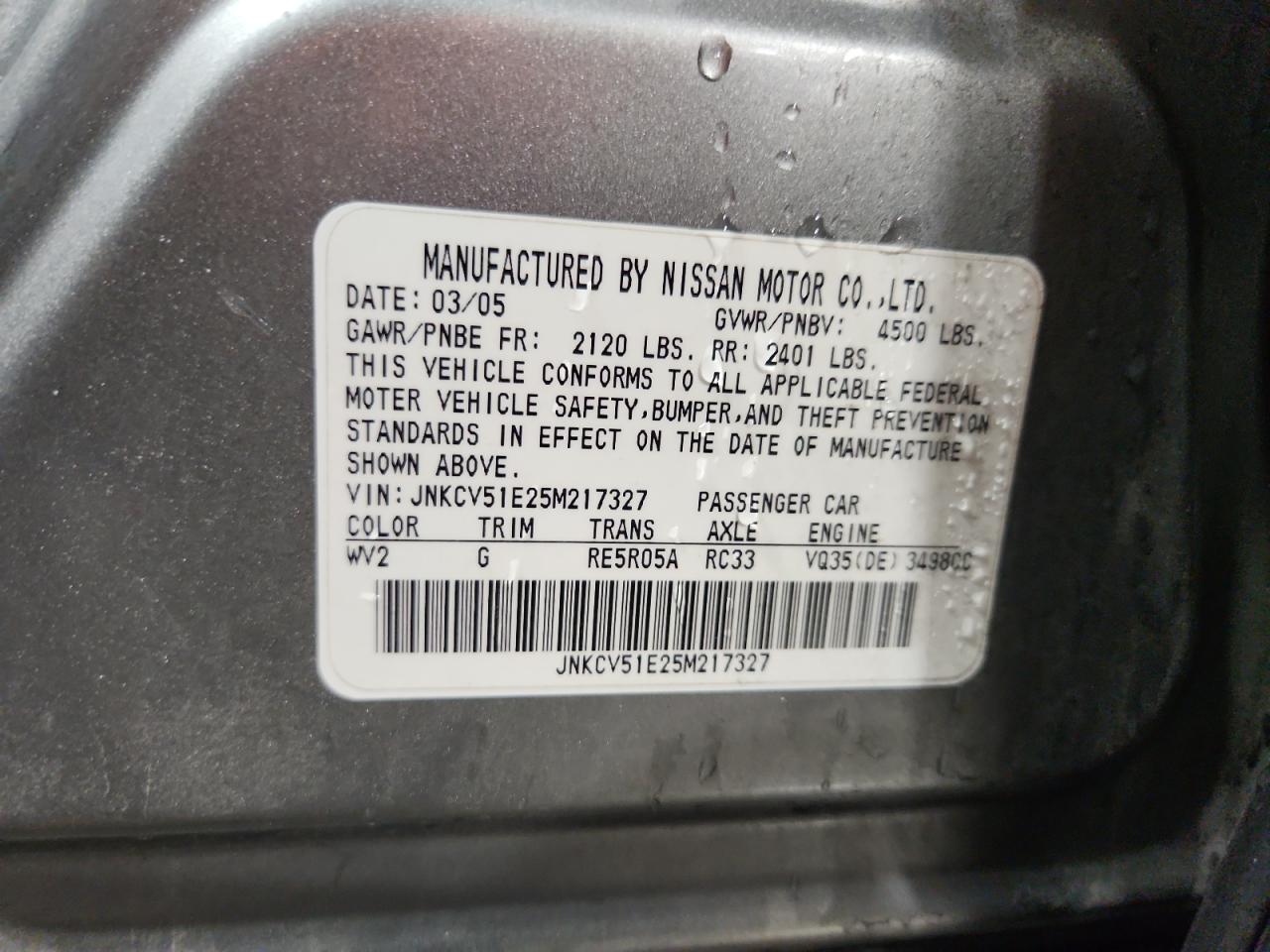 2005 Infiniti G35 VIN: JNKCV51E25M217327 Lot: 72051805