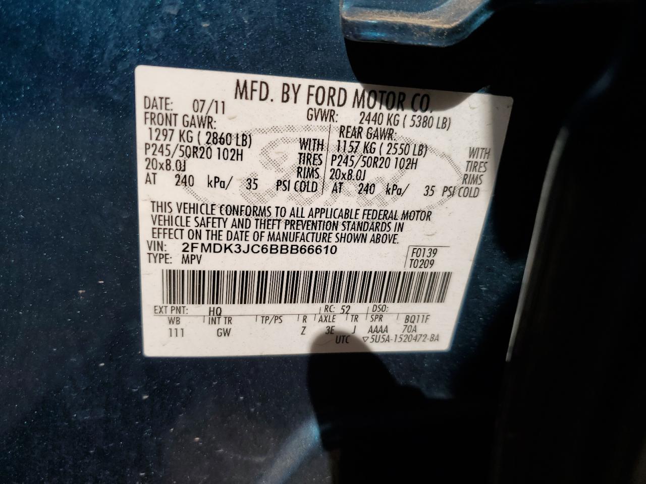 2011 Ford Edge Sel VIN: 2FMDK3JC6BBB66610 Lot: 80577555