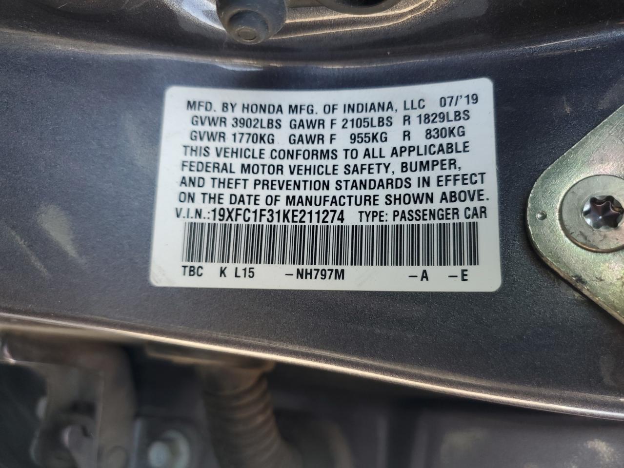 2019 Honda Civic Ex VIN: 19XFC1F31KE211274 Lot: 83767635