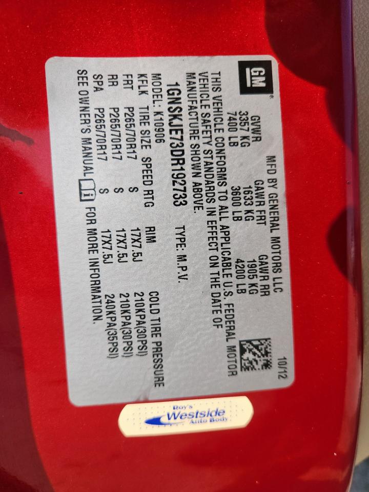 2013 Chevrolet Suburban K1500 Lt VIN: 1GNSKJE73DR192733 Lot: 71846245