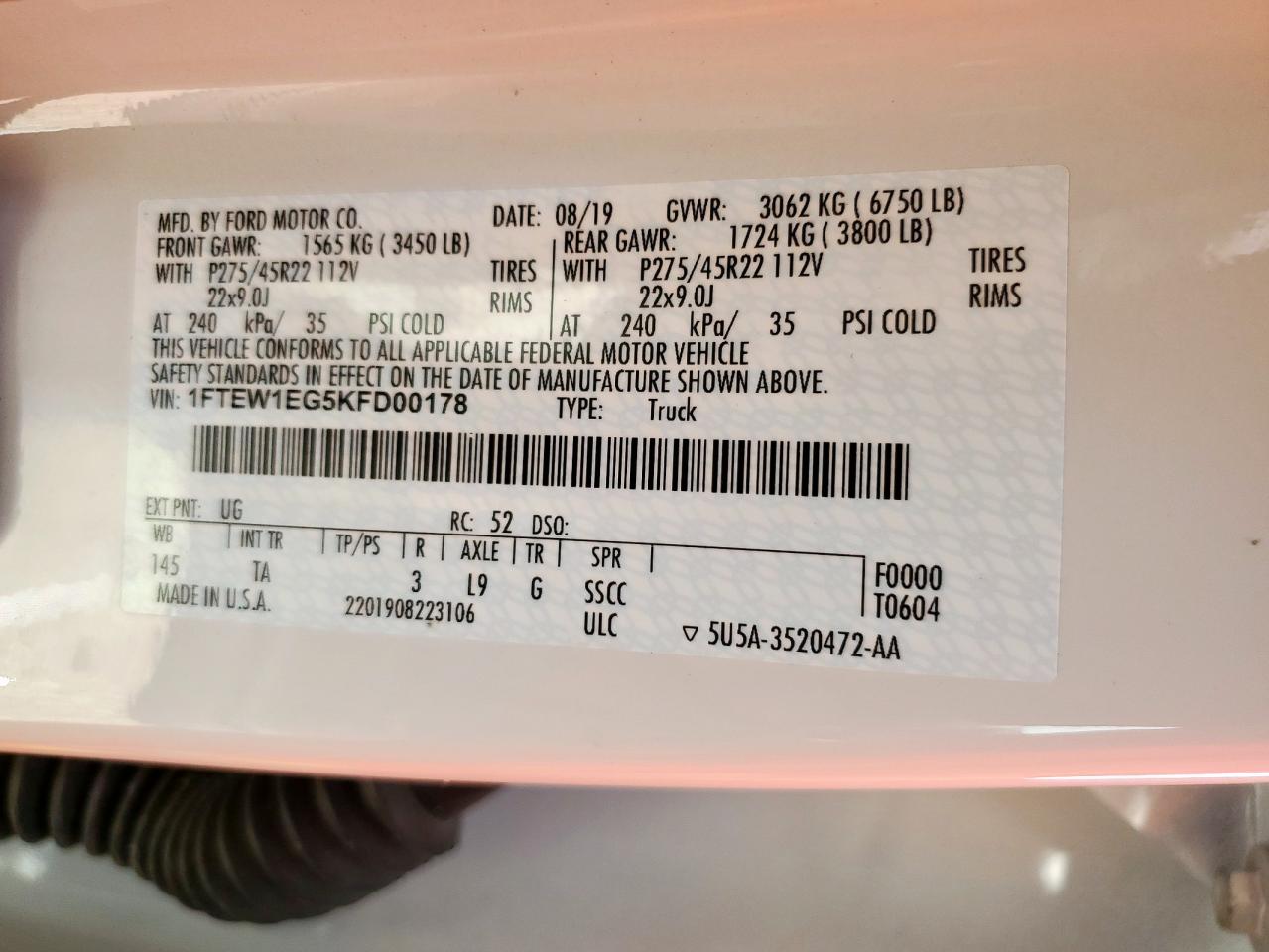 2019 Ford F150 Supercrew VIN: 1FTEW1EG5KFD00178 Lot: 72052545