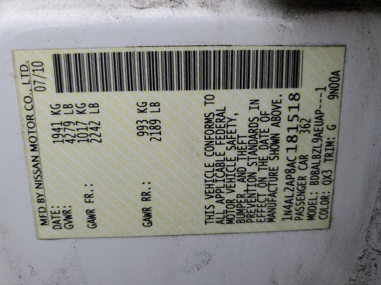 2010 Nissan Altima Base VIN: 1N4AL2AP8AC181518 Lot: 83796265