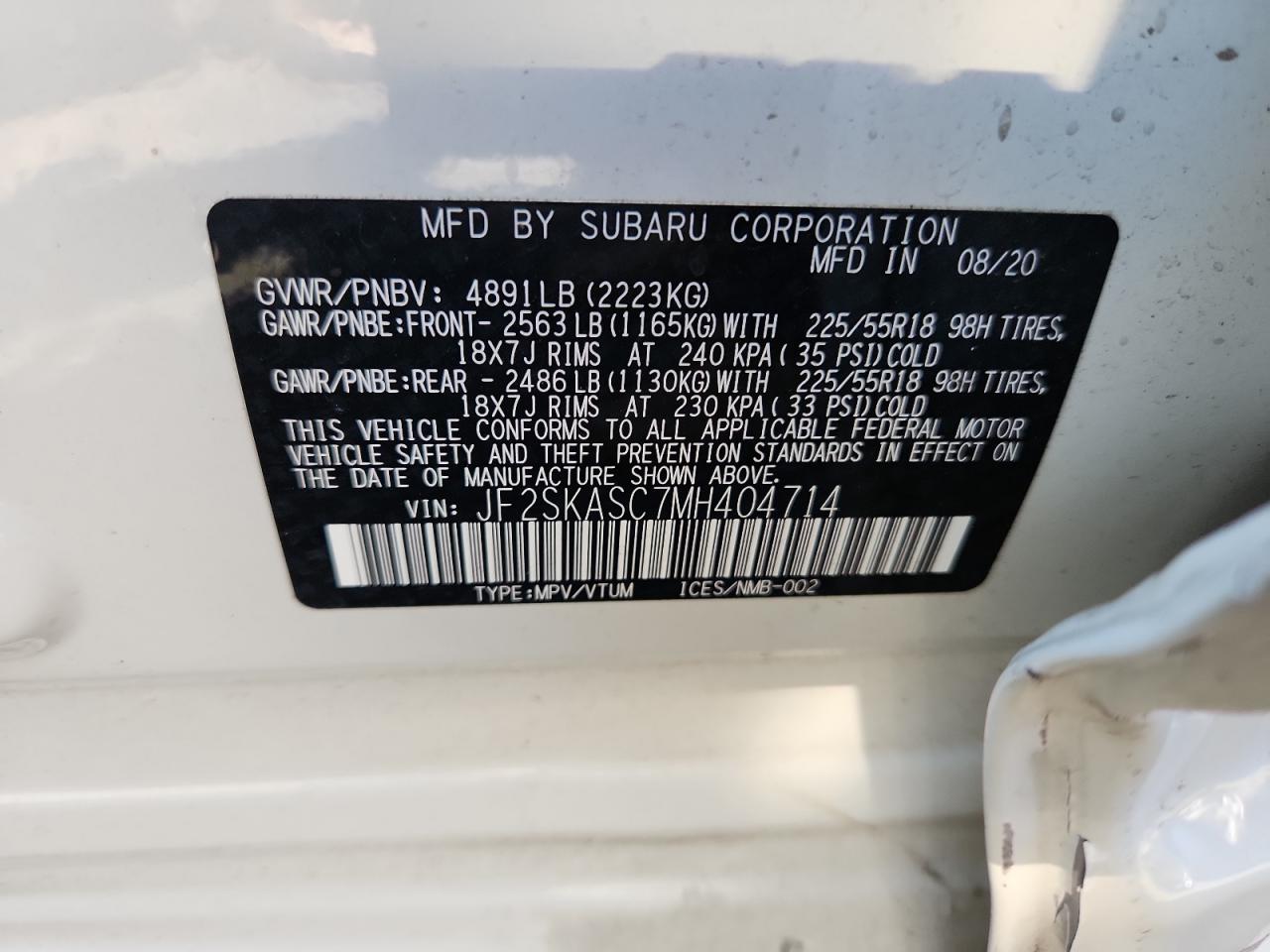 2021 Subaru Forester Limited VIN: JF2SKASC7MH404714 Lot: 80508175