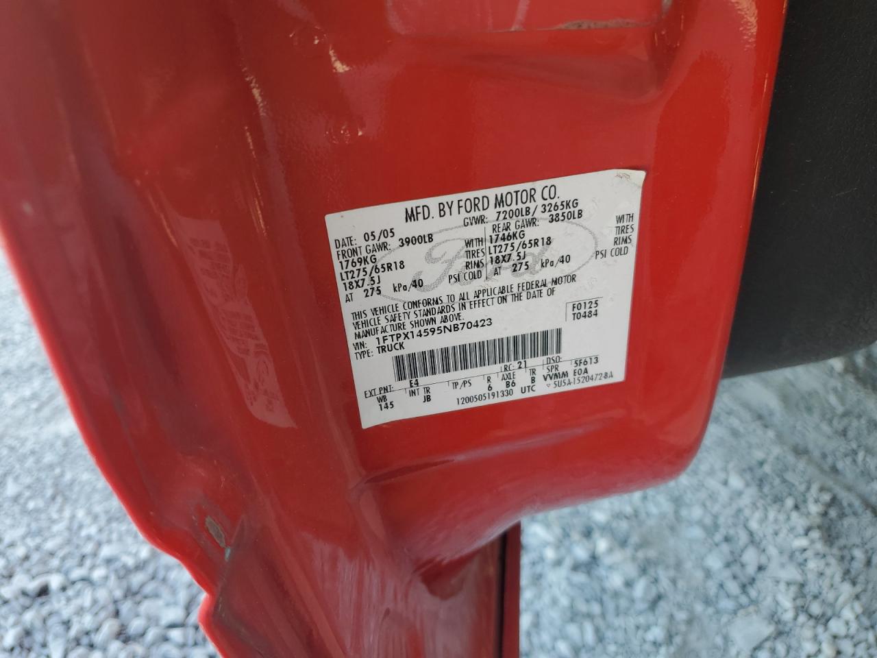 2005 Ford F150 VIN: 1FTPX14595NB70423 Lot: 80550125