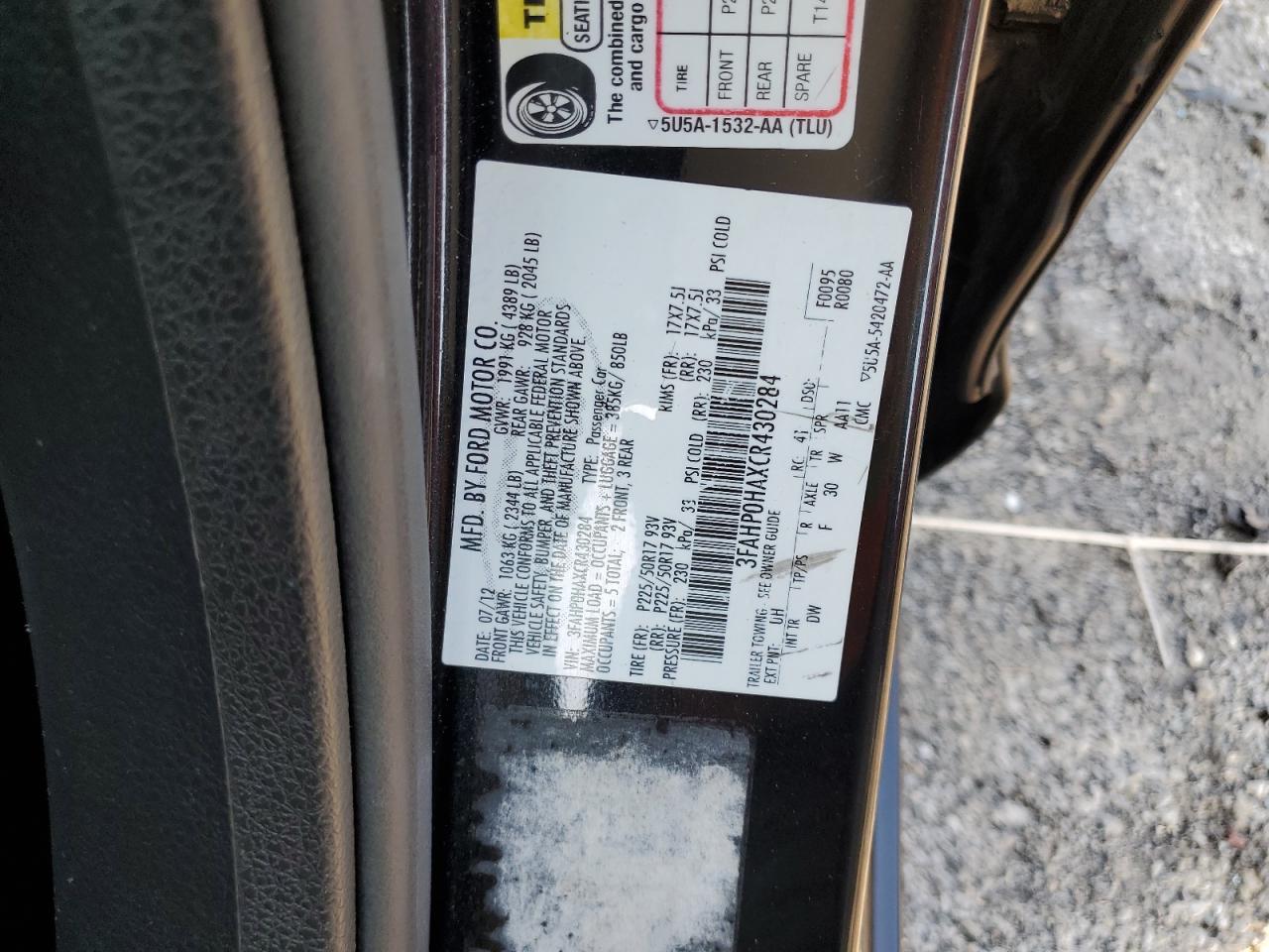 2012 Ford Fusion Se VIN: 3FAHP0HAXCR430284 Lot: 81375985