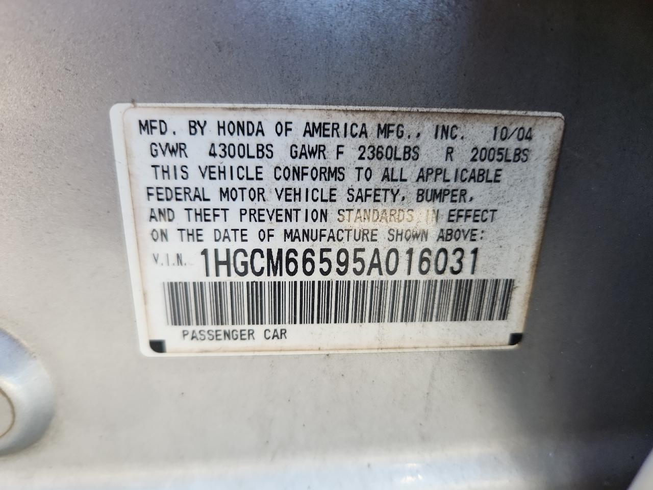 2005 Honda Accord Ex VIN: 1HGCM66595A016031 Lot: 71303655