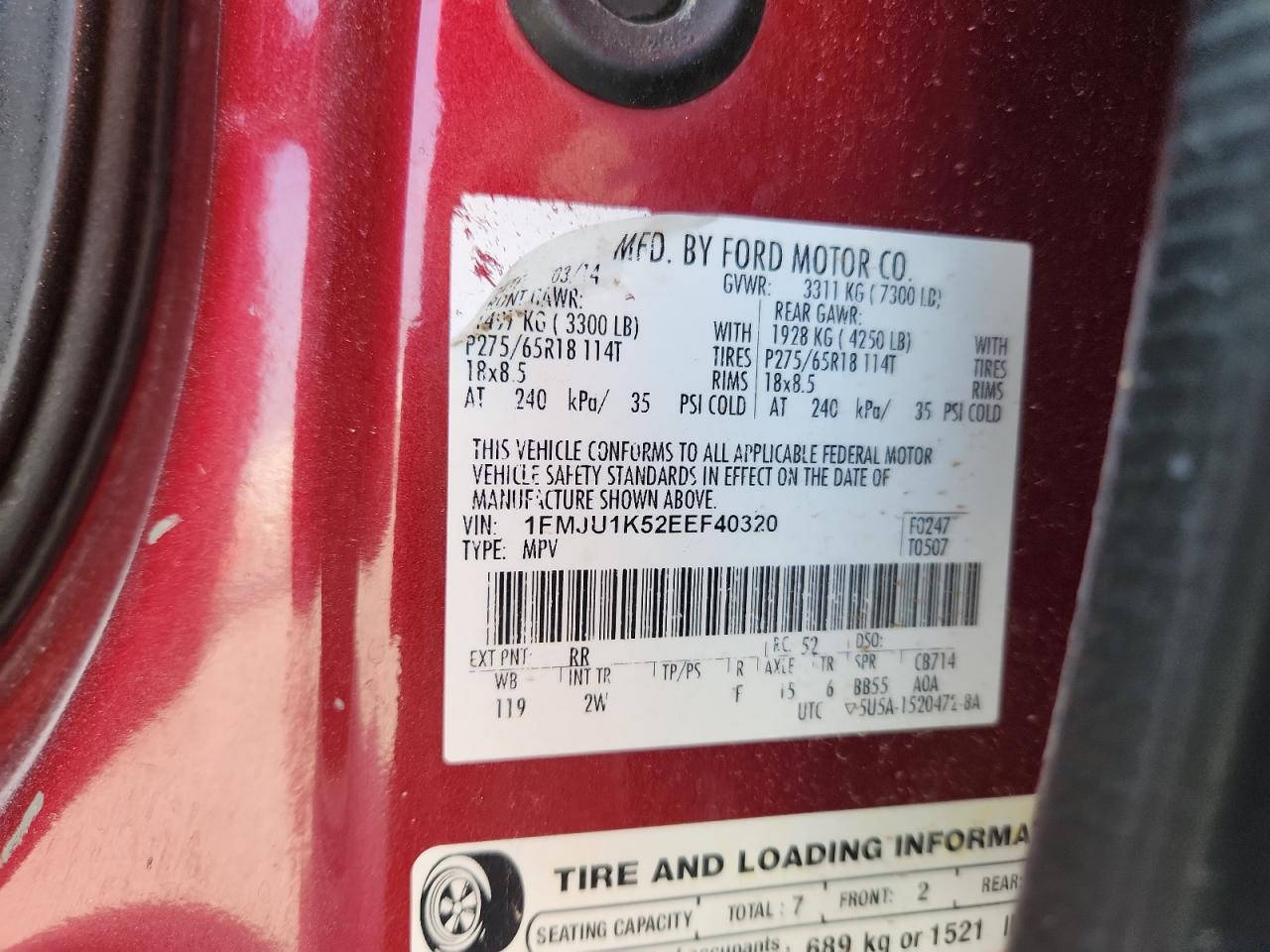 2014 Ford Expedition Limited VIN: 1FMJU1K52EEF40320 Lot: 71145235