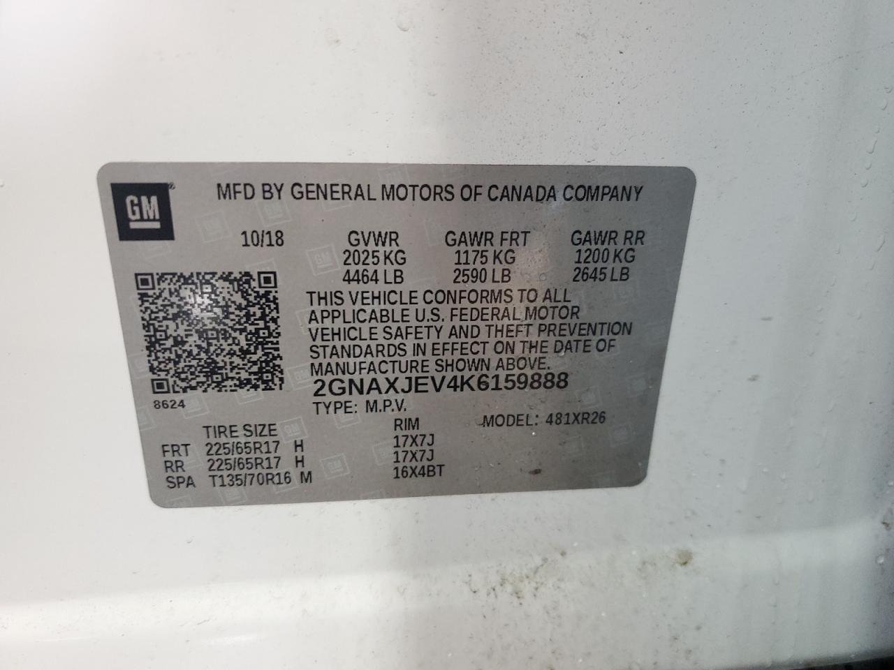 2019 Chevrolet Equinox Lt VIN: 2GNAXJEV4K6159888 Lot: 72031535