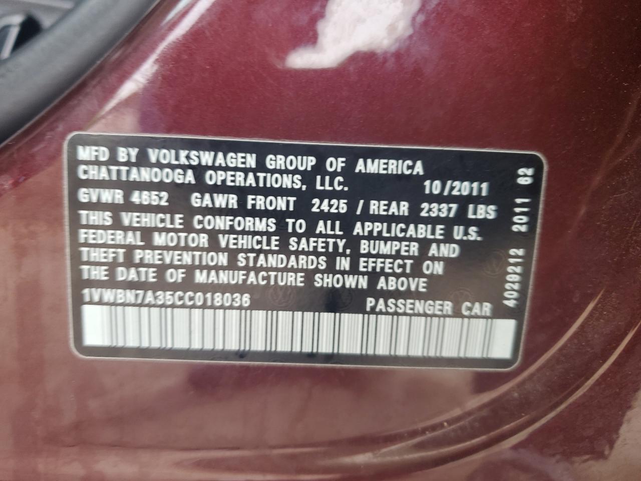 2012 Volkswagen Passat Se VIN: 1VWBN7A35CC018036 Lot: 81865895