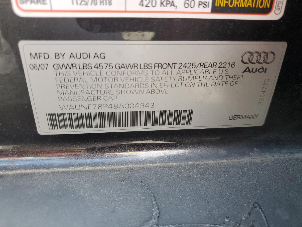 2008 Audi A3 2.0 Premium VIN: WAUNF78P48A004943 Lot: 71813155
