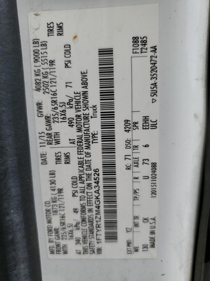 2016 Ford Transit T-250 VIN: 1FTYR1ZM4GKA34526 Lot: 70704975