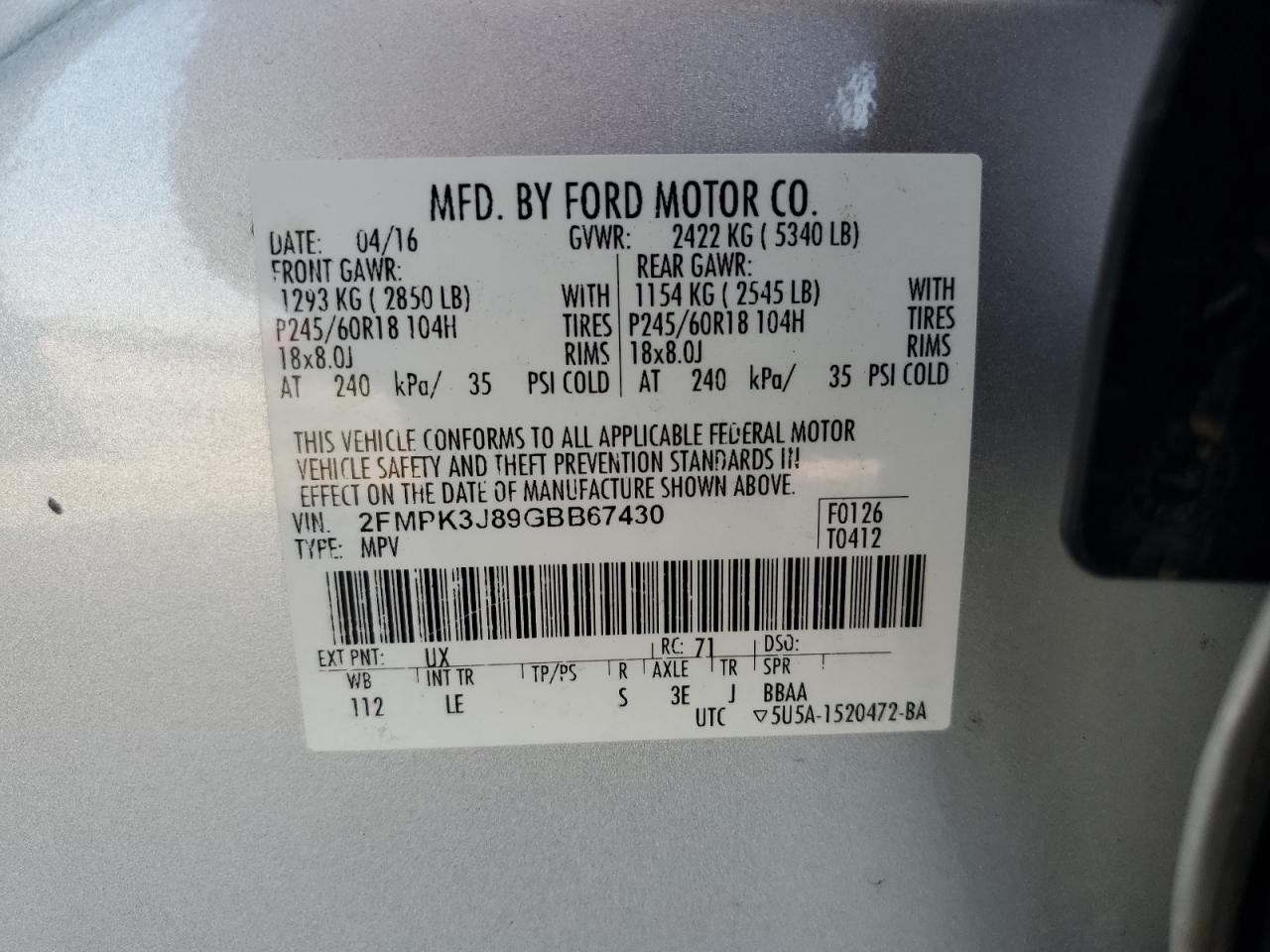 2016 Ford Edge Sel VIN: 2FMPK3J89GBB67430 Lot: 72060505