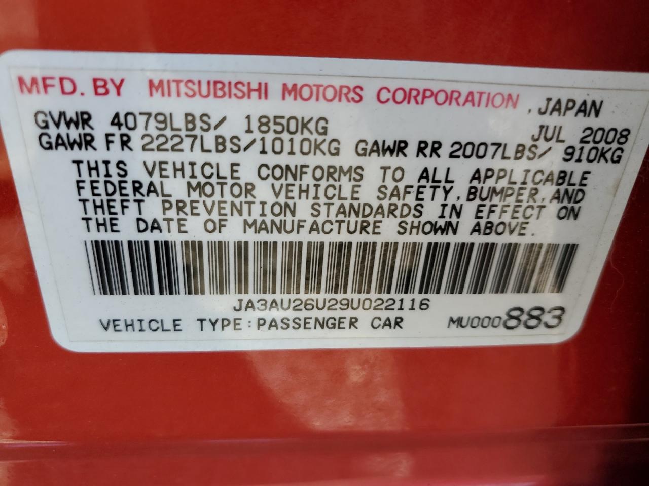 2009 Mitsubishi Lancer Es/Es Sport VIN: JA3AU26U29U022116 Lot: 80456695