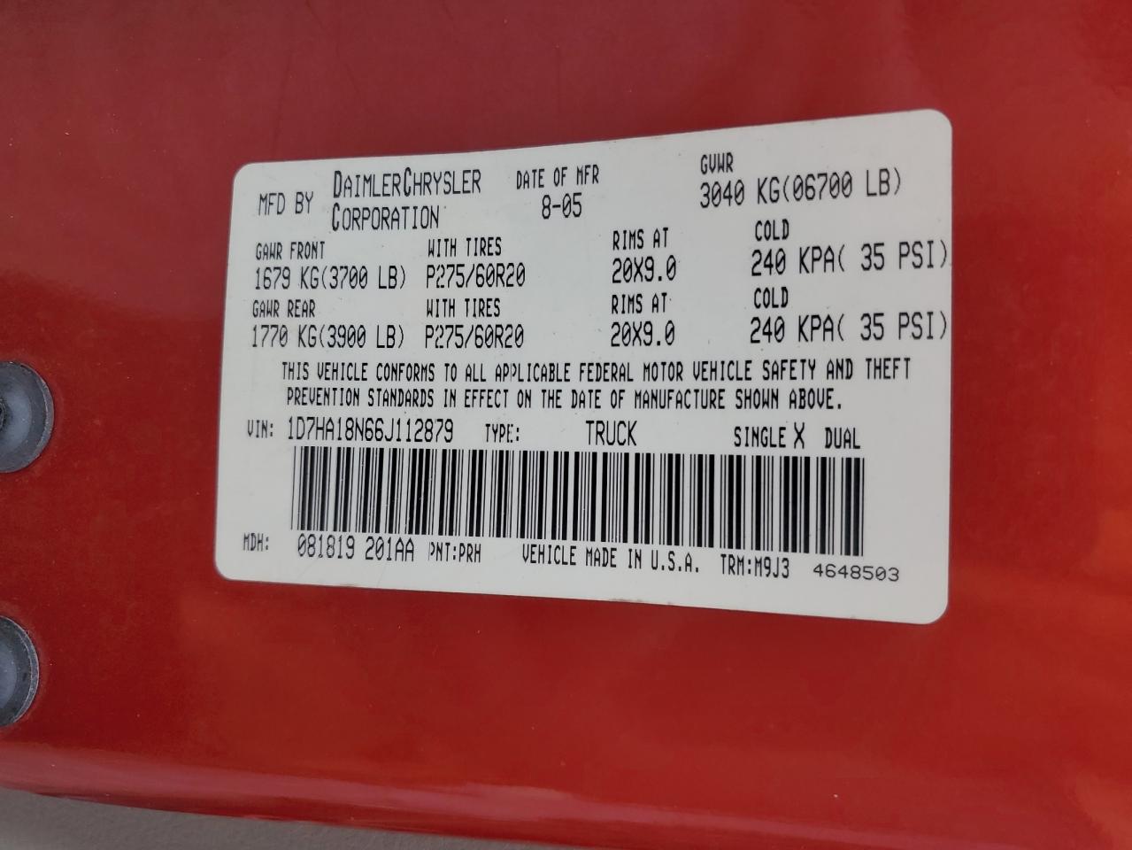 2006 Dodge Ram 1500 St VIN: 1D7HA18N66J112879 Lot: 81865165