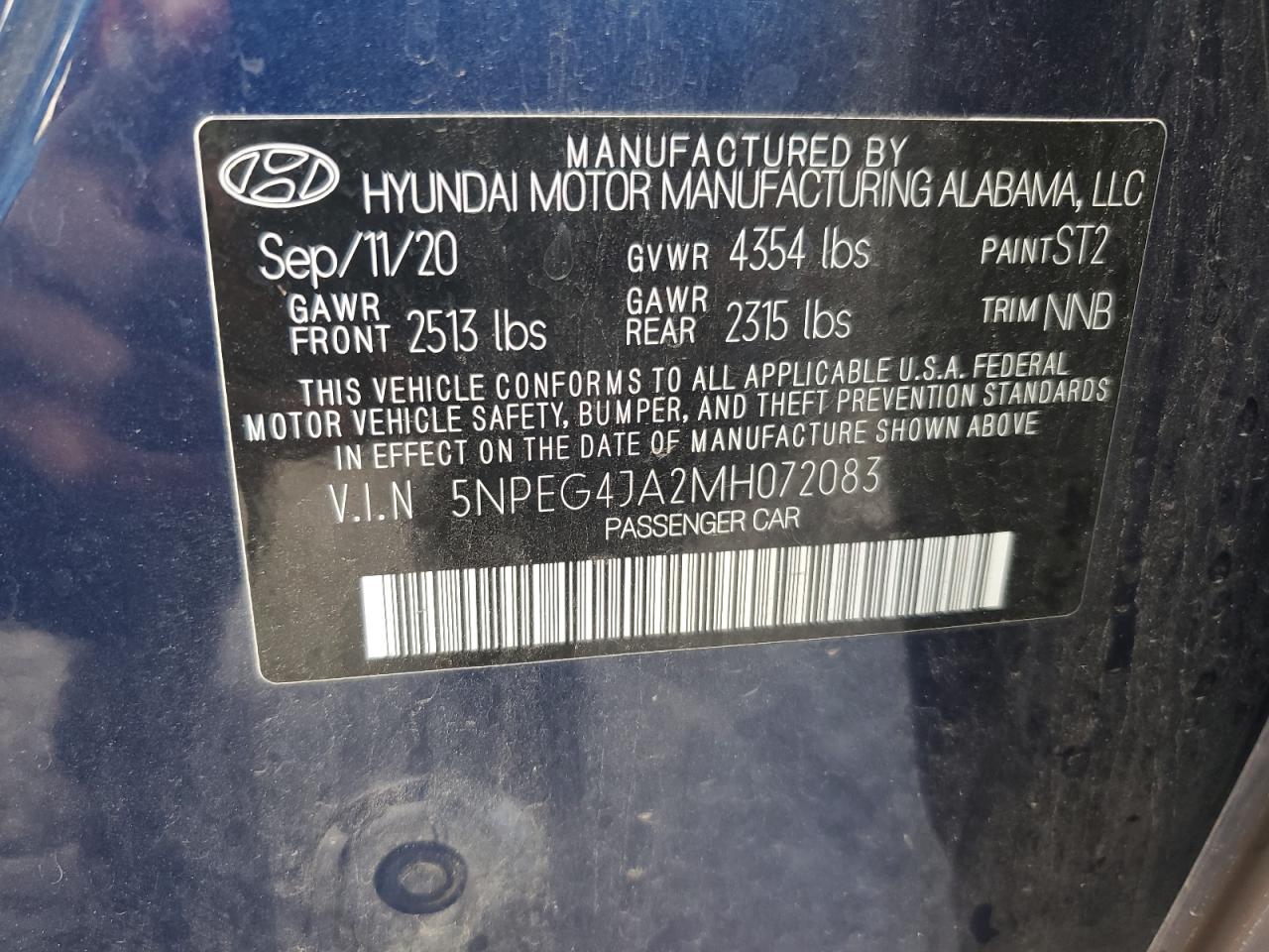 2021 Hyundai Sonata Se VIN: 5NPEG4JA2MH072083 Lot: 80721815