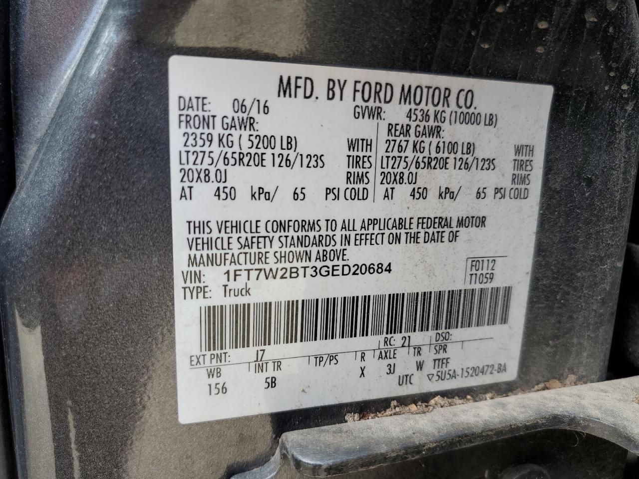 2016 Ford F250 Super Duty VIN: 1FT7W2BT3GED20684 Lot: 80730865