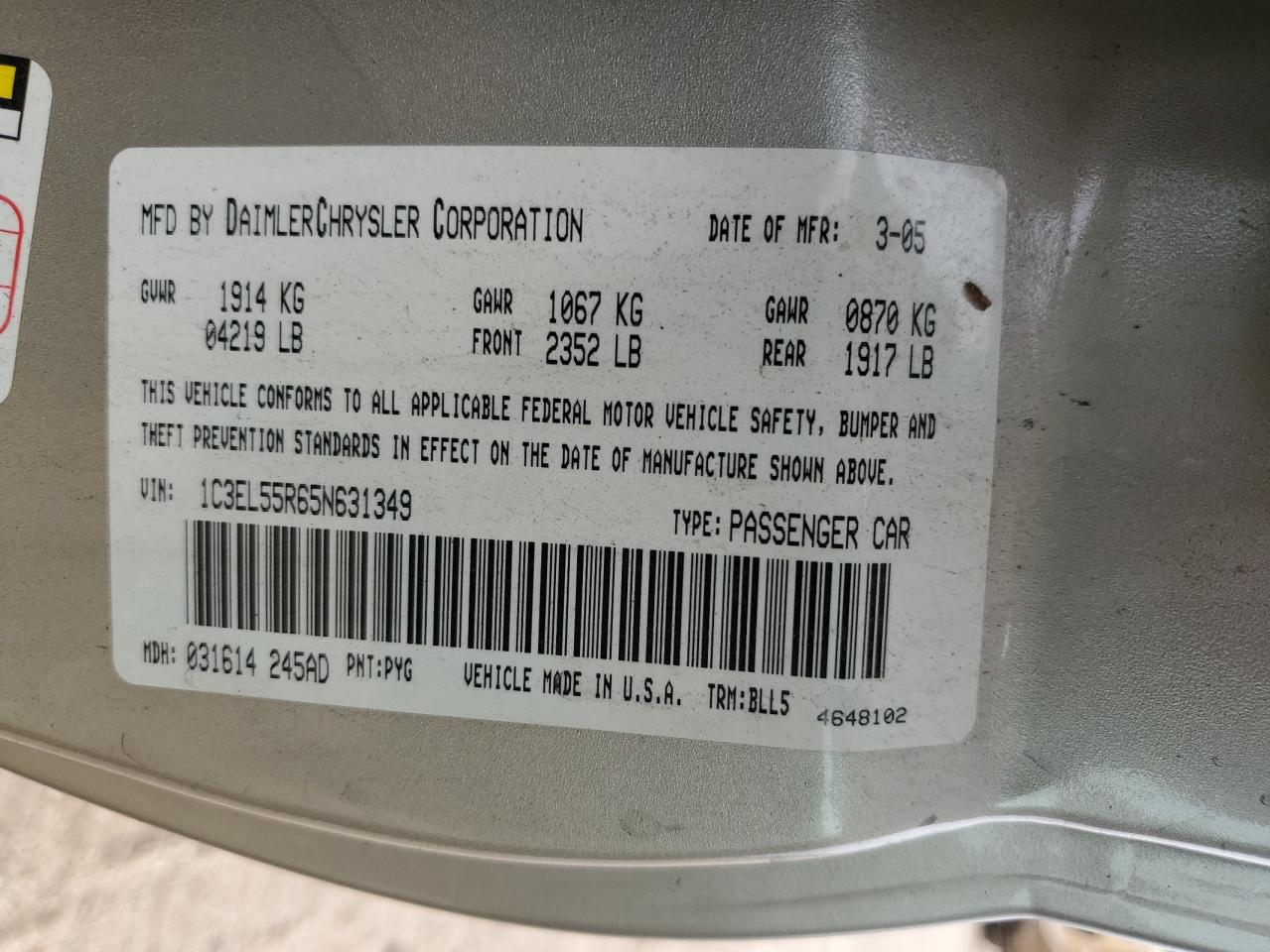 2005 Chrysler Sebring Touring VIN: 1C3EL55R65N631349 Lot: 80169425