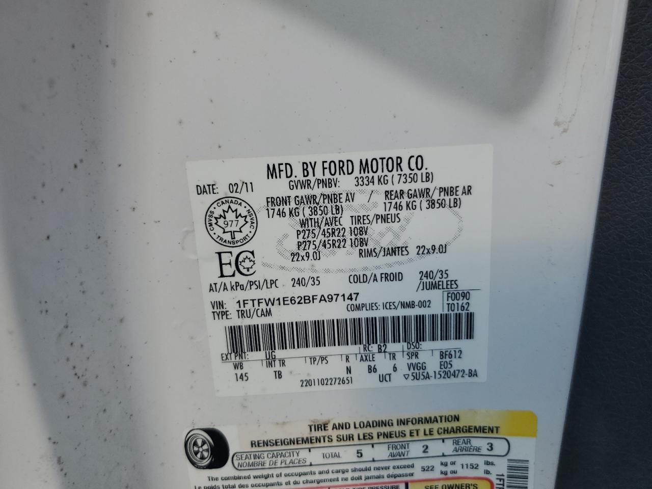 2011 Ford F150 Supercrew VIN: 1FTFW1E62BFA97147 Lot: 83756635