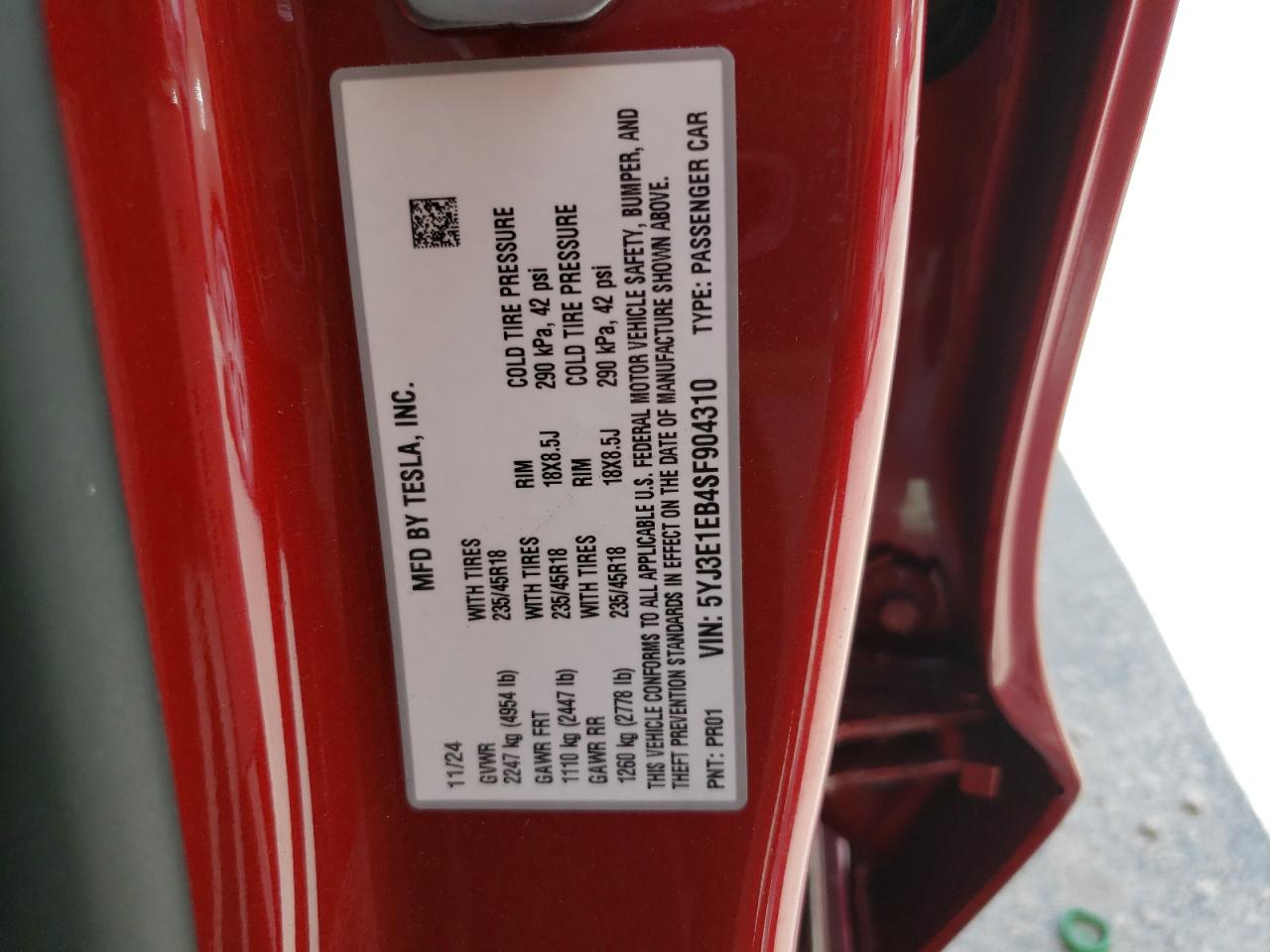 2025 Tesla Model 3 VIN: 5YJ3E1EB4SF904310 Lot: 70870215