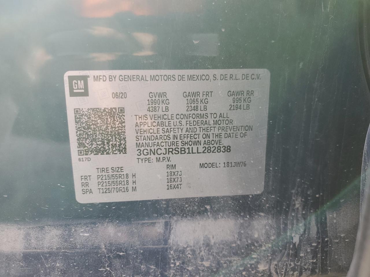 2020 Chevrolet Trax Premier VIN: 3GNCJRSB1LL282838 Lot: 80677215