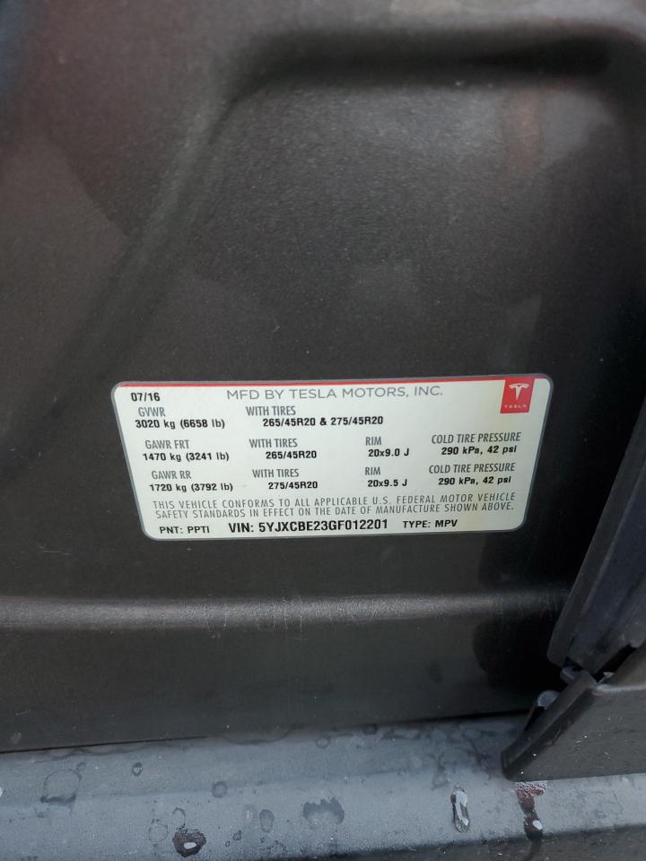 2016 Tesla Model X VIN: 5YJXCBE23GF012201 Lot: 81342695