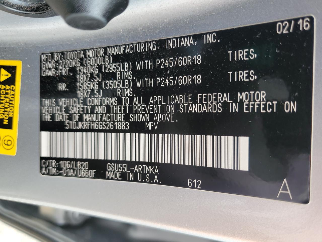 2016 Toyota Highlander Xle VIN: 5TDJKRFH6GS261883 Lot: 81831905